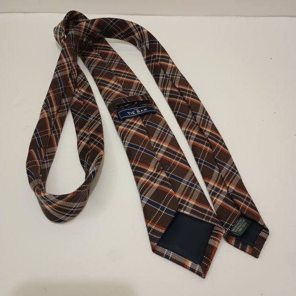 The Tie Bar Silk Wool Diagonal Brown Orange Blue Plaid Men's Skinny Necktie - Picture 5 of 12